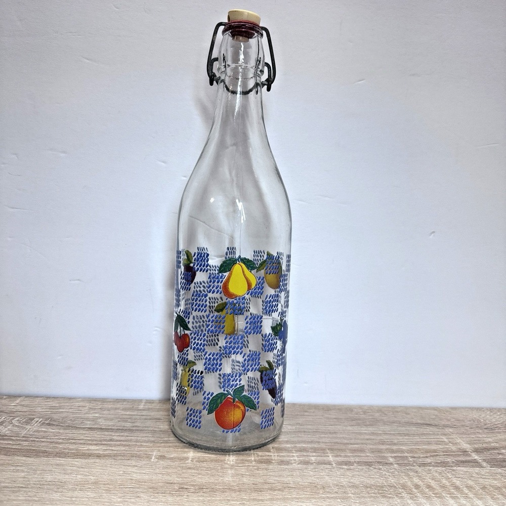 Made‎ in Italy Fruit Decorated Glass Swing Top Bottle Blue Checkered 12"